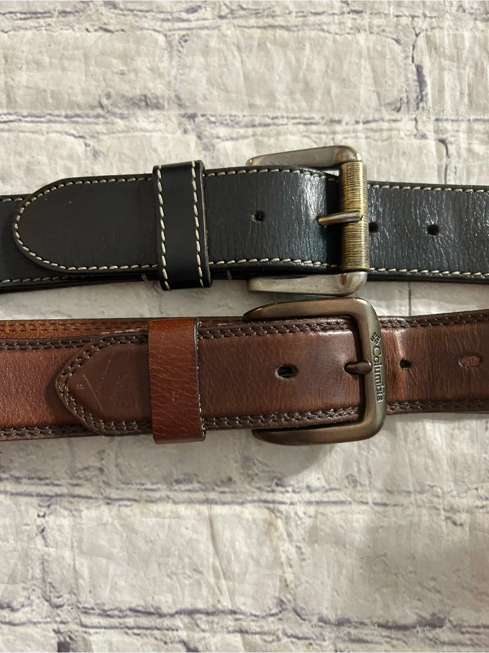 COLUMBIA GENUINE LEATHER CHUNKY BELT SIZE 40 & INDIA MADE BLACK STITCHED 38 BELT